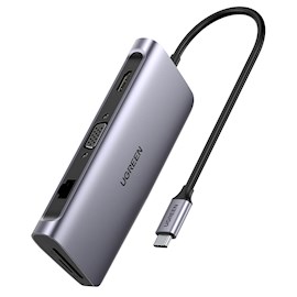 USB-C ჰაბი UGREEN CM179 (40873) 9 in 1 Type-C USB-C Multifunctional Adapter, 3 x USB3.0, SD/TF, RJ45, HDMI, VGA, 100W PD, Silver
